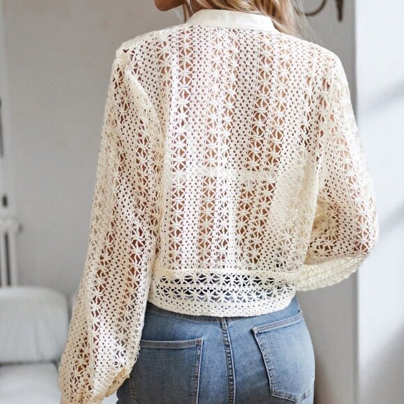 White Preppy Womens Hollow Out Button Front Crop Blouse - Picture 2 of 5